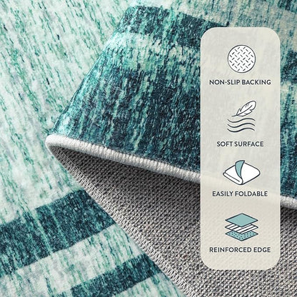 Lahome Abstract Round 4ft Entryway Rug, Washable Teal Entry Rugs Non Slip Circle Kitchen Carpet, Minimalist Border Dining Room Rug Indoor Room Carpet for Under Chair Coffee Table Entrance Mats