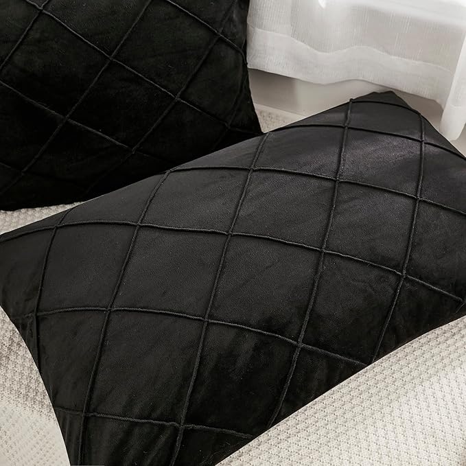 JAUXIO Diamond Pinch Pleated Crystal Velvet Pillowcases 2 Pack Solid Pintuck Throw Cushion Cover for Home Decor Hidden Zipper Closure (Black, King)