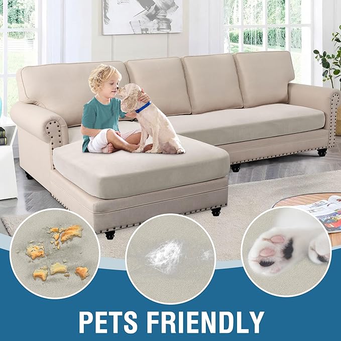 H.VERSAILTEX Fleece L Shaped Couch Cover 2 Piece Stretch Couch Covers for Sectional Sofa Thick Soft Sofa Cover for Dogs Feature Comfortable and Durable Fabric, (3 Seater + 1 Chaise, Pale Oak)