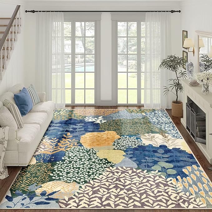 DEXDE 8x10 Area Rug, Soft Washable Abstract Area Rugs Non-Slip Vintage Boho Rug Leaves Floral Print Carpet for Living Room, Bedroom, Entryway, Office, Dining Room, Kids Playroom,Blue