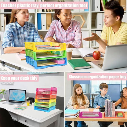 ZZYFGH 6 Pack in Trays for Teachers, Plastic Classroom Paper Organizers, Colorful Storage Baskets for Office, Stackable Office Desktop Document Paper Storage(13.4 * 9.5 * 2.7in)