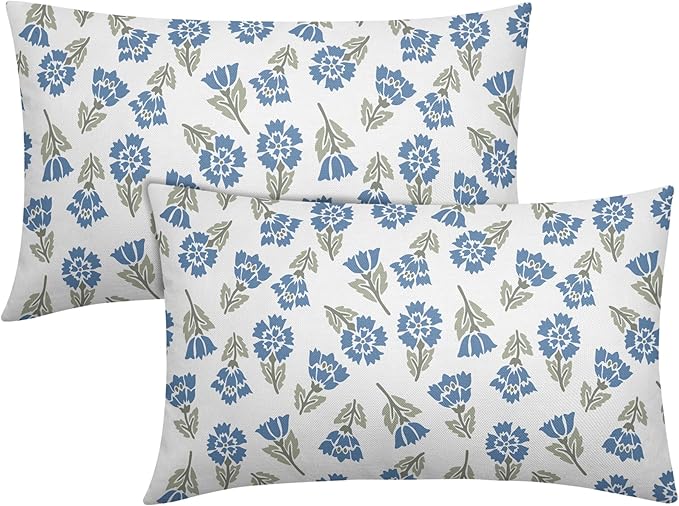 Blue Green Block Print Lumbar Pillow Covers 12x20 Set of 2 Floral Spring Summer Flower Pattern Decorative Outdoor Throw Pillowcases Boho Cushion Cover Rustic Decoration Farmhouse Sofa Couch Bed Decor