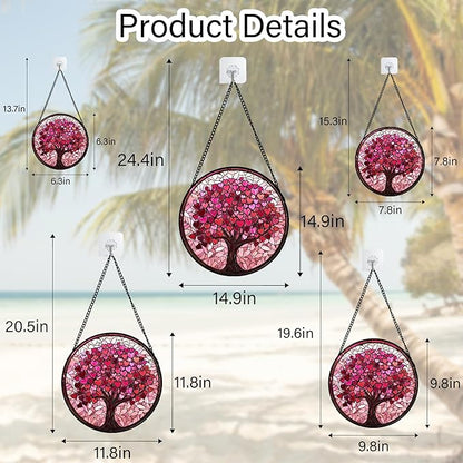 Stained Glass Window Hanging - DASTOLL, Birthday Gifts for Women Men Mom Dad, Pink Love Tree Suncatcher for Doors Window Home Sun Catchers Decor 6.3 in