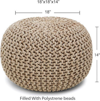REDEARTH · Round Pouf Ottoman - Hand Knitted Cable Boho Poof Home Décor Pouffe Circular Footrest for Living Room - Nursery - Bedroom - Lounge 100% Cotton (18”x18”x14”) - Beige Ivory, Set of 2