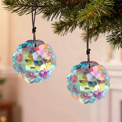 HDCRYSTALGIFTS Set 2 Crystal Suncatcher Datura Shaped Prisms Sun Catcher Indoor Window Rainbow Feng Shui Hanging Prism Glass Ornaments for Home Garden Tree (45mm)