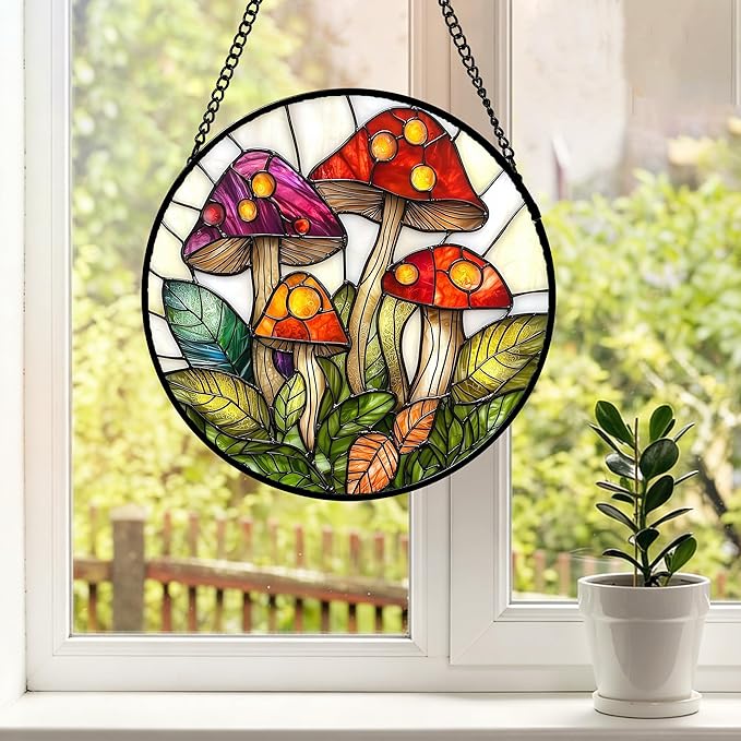 DASTOLL Stained Glass Window Hanging, Mushroom Leaves Suncatcher for Doors Home Sun Catchers Decoration and Christmas, Mother's Day Birthday Gifts for Women, Men, and Mom 11.8x11.8 in