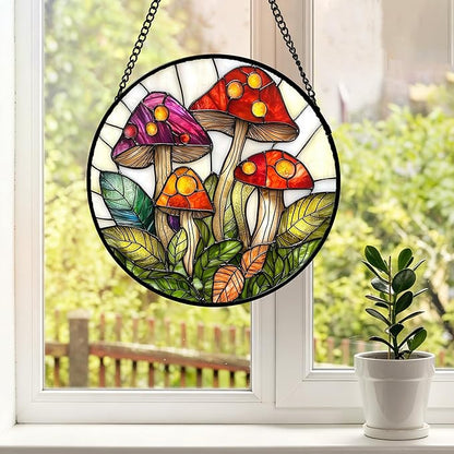 DASTOLL Stained Glass Window Hanging, Mushroom Leaves Suncatcher for Doors Home Sun Catchers Decoration and Christmas, Mother's Day Birthday Gifts for Women, Men, and Mom 11.8x11.8 in