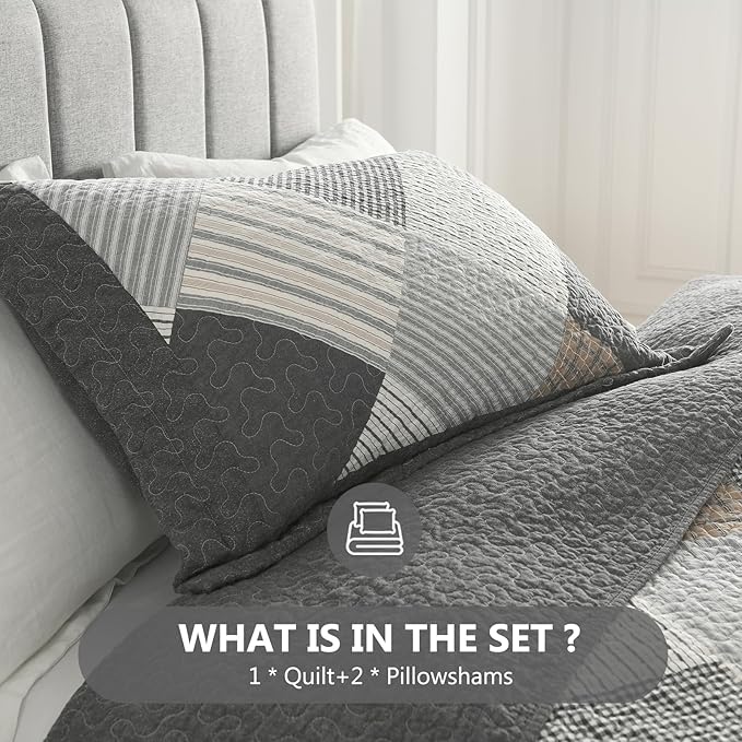 Quilts Queen Size - Queen Quilt Bedspread Sets, 100% Cotton Gray Quilt Bedding Set for Queen Bed, 3 Pcs Farmhouse Reversible Rustic Lightweight Comforter, Dark-Gray/White/Brown