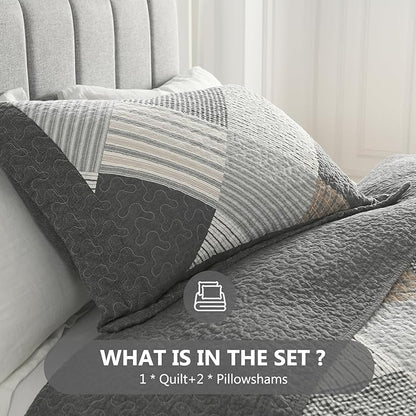 Quilts Queen Size - Queen Quilt Bedspread Sets, 100% Cotton Gray Quilt Bedding Set for Queen Bed, 3 Pcs Farmhouse Reversible Rustic Lightweight Comforter, Dark-Gray/White/Brown