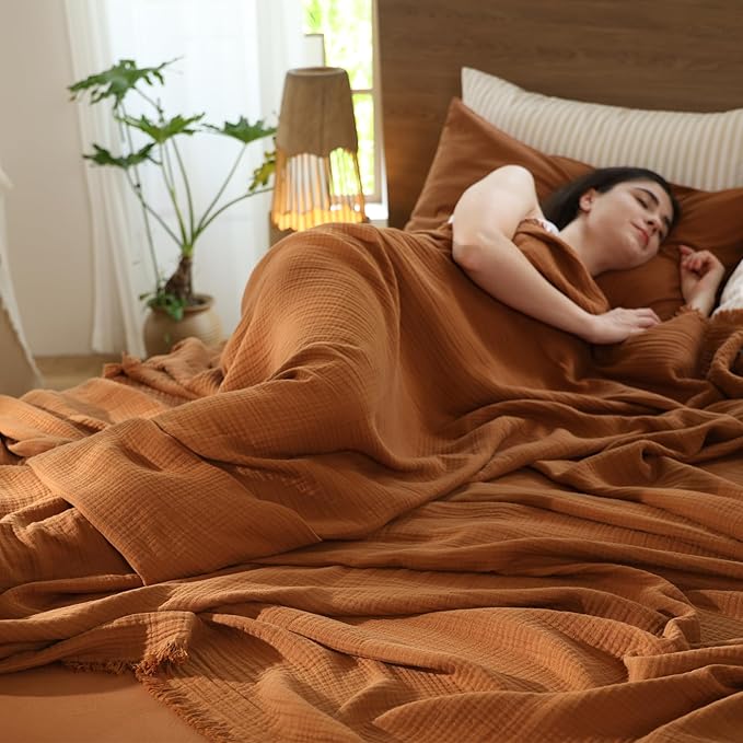 MooMee Muslin Blanket - 100% Cotton 4-Layer Gauze Throw Blanket with All-Around Fringe, Ultra-Soft Breathable Lightweight Cooling Decorative for Bed, Sofa & Couch (Drak Orange,Throw 60" x 50")