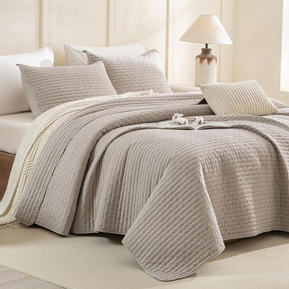 Sanracie Stonewashed Cotton Coverlet Oversized King(102"x118"), Linen Colored Cross Stitch Pattern Quilt Sets 3Pcs Ultra Soft Lightweight Crinkle Bed Coverlet Set for All Season