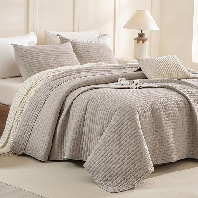 Sanracie Cotton Quilt Set King Size(110"x98"), Linen Colored Ultra Soft Stonewashed Crinkle Quilt Bedspread Set 3Pcs Cross Stitch Pattern Lightweight Breathable Bed Coverlet Set for All Season
