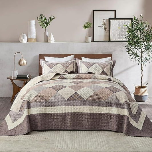 EWlinens 100% Cotton 120"x120" Oversized King Bedspread - Farmhouse Extra Large Cal King Quilt Bedding Set, All Season Diamond Patchwork Plaid Rustic Striped Bedspreads, 3pcs, Walnut/Brown/Gray/Beige