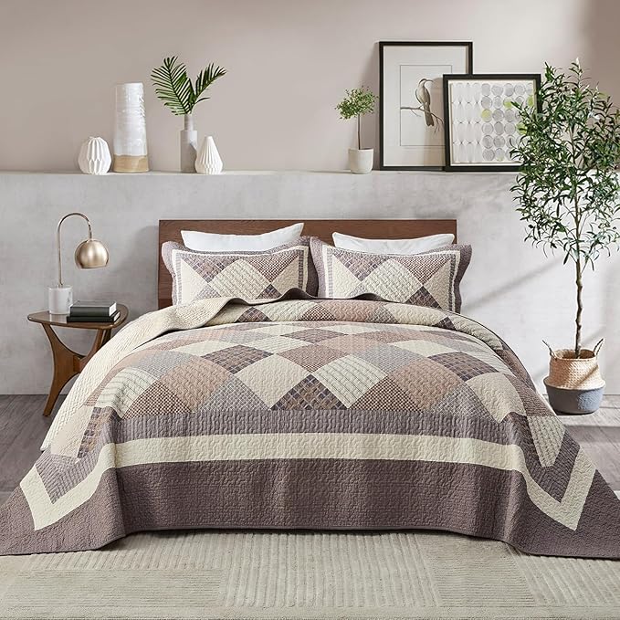 EWlinens 100% Cotton 120"x102" Oversized Queen Bedspread - Farmhouse Extra Large Queen Quilt Bedding Set, All Season Diamond Patchwork Plaid Rustic Striped Bedspreads, 3pcs, Walnut/Brown/Gray/Beige