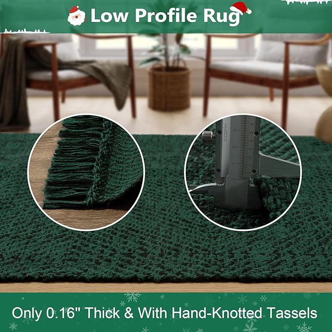 Collive Christmas Kitchen Rugs Washable, 2' x 4.3' Green Hand-Woven Farmhouse Bathroom Mats, Low File Front Door Rug Boho Reversible Bedroom Runner Carpet for Entryway Foyer Home Decor