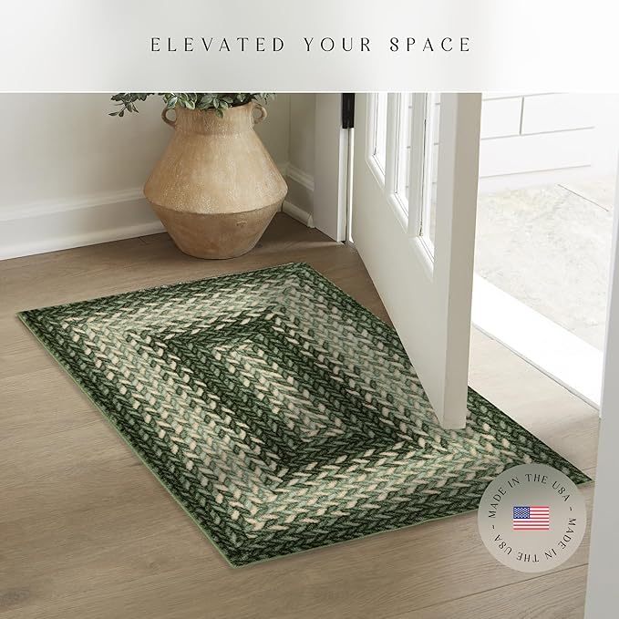 Maples Rugs Marion Bohemian Braided Design Print Area Rug – Made in USA – Washable, Non Slip Indoor Carpet for Entryway, Foyer, Kitchen, and Bathroom, 34" x 20", Green