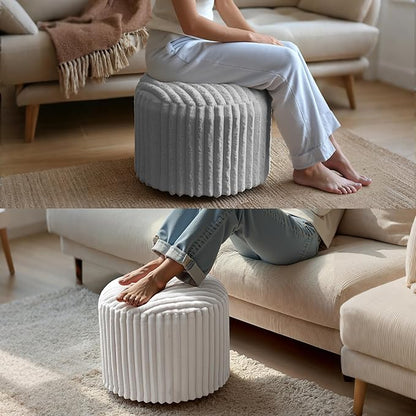 Luxury Round Stuffed Floor Poufs Ottoman, Stripe Faux Fur Footrest with Dual Layer Comfort, Removable Washable Cover, 20"x15" Plush Pouf Shaggy Stool for Living Room Bedroom Vanity, Beige
