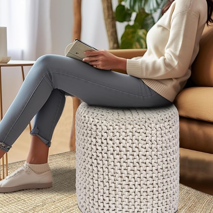 COTTON CRAFT Braided Round Pouf - Hand Knitted Cotton Cord Cable Dori Cylindrical Floor Pouf - Foot Stool - Ottoman - Footrest - Accent Seat - Living Room Bedroom Dorm Décor - 15 Round x 16 H - Ivory