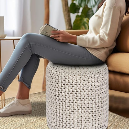 COTTON CRAFT Braided Round Pouf - Hand Knitted Cotton Cord Cable Dori Cylindrical Floor Pouf - Foot Stool - Ottoman - Footrest - Accent Seat - Living Room Bedroom Dorm Décor - 15 Round x 16 H - Ivory