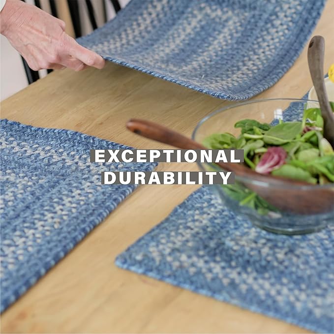 Homespice Denim Premium Jute Braided Placemat Set of 4-10x15 Rectangular Blue, Navy, White Reversible, Natural Jute Yarn Rustic, Country, Primitive, Farmhouse Style