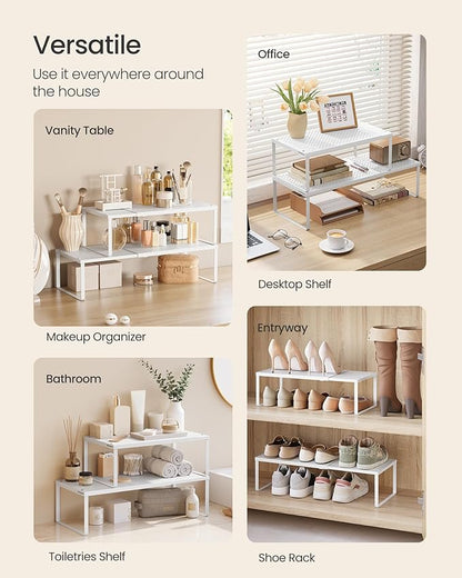 SONGMICS Set of 2 Expandable Pantry Kitchen Organizers, Adjustable Spice Rack, Stackable Cabinet Organizers, Metal, Space-Saving Tabletop Shelves, Matte White UKCS402W01