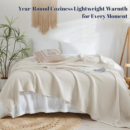 PHF 100% Cotton Muslin Blanket King Size 108"x90", 4-Layer Lightweight Gauze Throw, Breathable Cloud-Soft Minimalist Blanket for Bed, Couch, Camping & Baby, Oat Milk, Ideal Gift