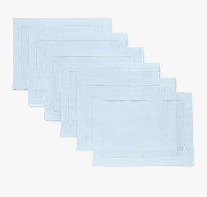 Solino Home Linen Cloth Placemats Set of 6-100% Pure Linen Hemstitch Light Blue Placemats 14 x 19 Inch - Classic Hemstitch Table Place Mats for Winter, New Year