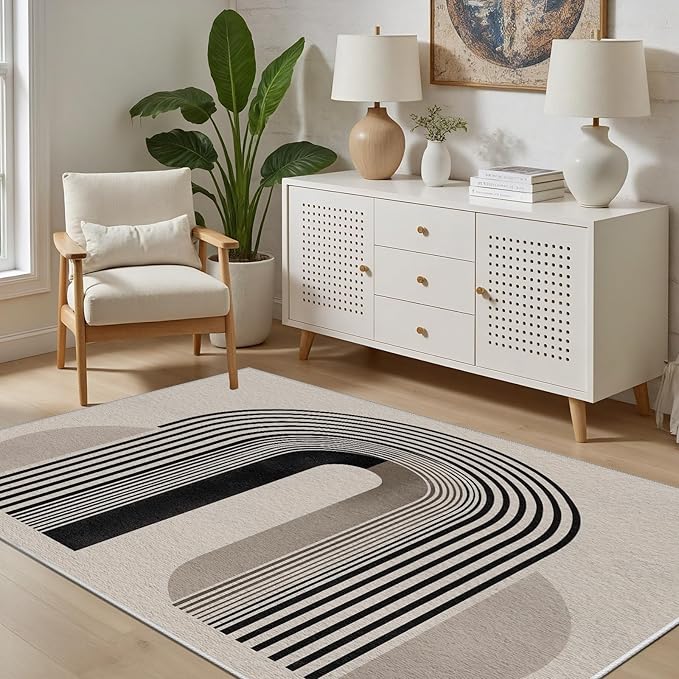 Modern Washable Rug for Living Room 3x4, Boho Abstract Striped Area Rugs, Soft Non Slip Low Pile Farmhouse Carpet for Bedroom Dining Room Kitchen, Stain Resistant, Pet Friendly, Beige Black