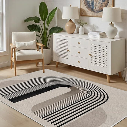 Modern Washable Rug for Living Room 6x9, Boho Abstract Striped Area Rugs, Soft Non Slip Low Pile Farmhouse Carpet for Bedroom Dining Room Kitchen, Stain Resistant, Pet Friendly, Beige Black