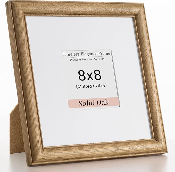 Heimlove 8x8 Picture Frame,8 x 8 Solid White Oak Square Photo Frame with Tempered Glass,8"x8" Handcrafted Wood Frame Matted to 4x4 Photos for Wall or Tabletop Art Photo and Prints,1 Pack