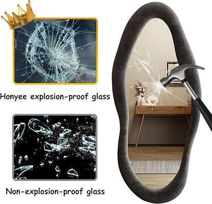 Honyee 55" x 24" Wavy Mirror, Flannel Wrapped Wooden Frame, Irregular Hanging for Cloakroom/Bedroom/Living Room, Black