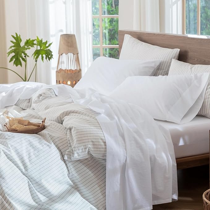 MooMee Bedding Sheet Set 100% Washed Cotton Linen Like Textured Breathable Durable Soft Comfy (Solid Bright White, Queen)