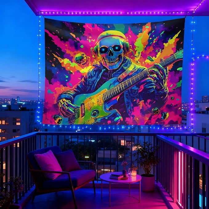 seewan Black Light Skull Guitar Tapestry, Glow-in-the-Dark UV Neon Skull Wearing Headphones Playing Music Wall Hanging, Psychedelic Rock Art Tapestry, Bedroom Dorm Living Room Background Decor