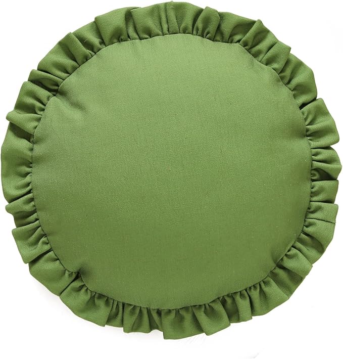 ISAENNE Classic Green Round Throw Pillow Cover Diameter 16", Solid Color Cottage Linen Cotton Decoration Pillow Cover with Ruffles, Sturdy Throw Pillow Case for Couch Sofa Bed Living Room