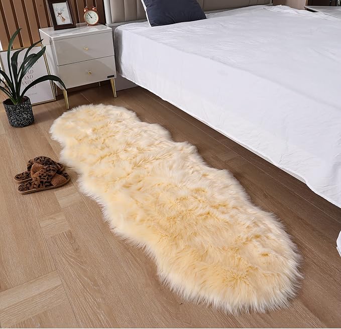 Faux Fur Rug Runner 2x6 ft Beige - Machine Washable Super Soft Plush Shaggy Fluffy Area Carpet,Sheepskin Rug Fuzzy Floor Mat for Bedroom, Sofa,Living Room, Bedside, Nursery & Kids Room