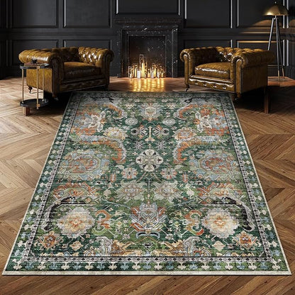 RUGSURE Washable Area Rugs - Perfect for Living Room, Bedroom, Kids Room, Nursery - Stain & Water Resistant Non-Slip, Pet & Child Friendly, Vintage Tribal Area Rugs (Green, 5' x 7')