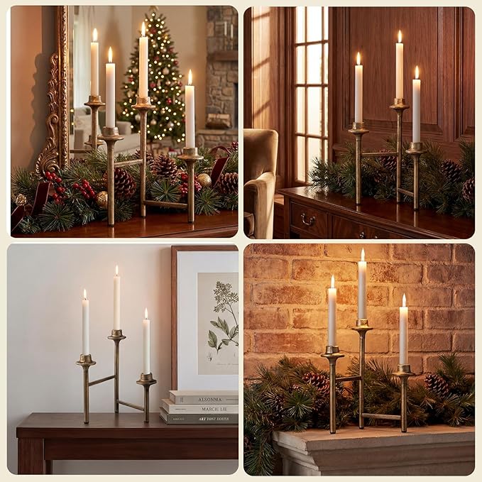 3 Arm Taper Brass Candelabra Vintage Foldable Metal Candle Holder for Fireplace Mantel Entryway Table Home Decor 10.25" H x 14" W x 2.5" D