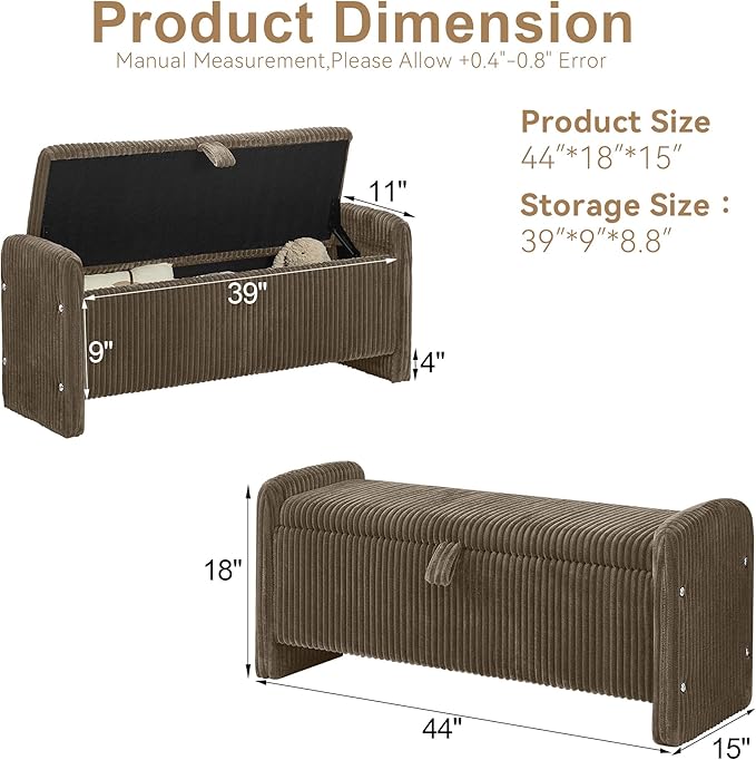 44" Storage Ottoman Bench, Upholstered End of Bed Storage Benches, Rectangle Ottoman with Storage for Bedroom, Entryway, Corduroy Brown