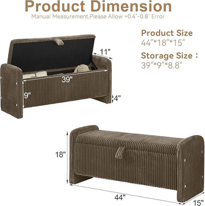 44" Storage Ottoman Bench, Upholstered End of Bed Storage Benches, Rectangle Ottoman with Storage for Bedroom, Entryway, Corduroy Brown