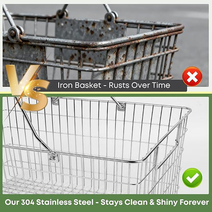 Wire Harvest Basket, Kitchen Organizers and Storage with Foldable Handle - 15.0"x9.8"x6.9" Portable Stainless Steel Picnic Baskets for Gathering Vegetables,Fruits,Kitchen,Garden,Picnic&Shopping (1, L)