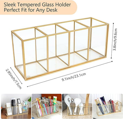 Pencil Holder for Desk,Tempered Glass Pen Holder,3&4 Compartments,Desktop Storage Organizer for Office Supplies,School Supplies,Pens,Markers,Pencils,Scissors,Paperclips (Gold, 4 compartments)