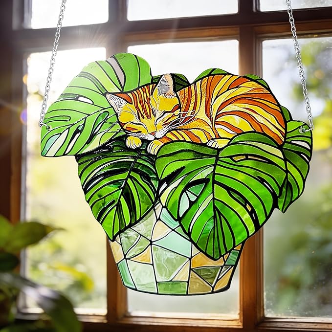 Cat Stained Glass Suncatcher Window, Cat Sun Catchers Indoor Window, Suncatcher for Mom/Women (Orange)