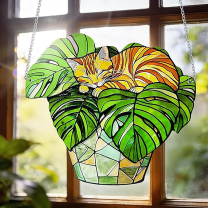 Cat Stained Glass Suncatcher Window, Cat Sun Catchers Indoor Window, Suncatcher for Mom/Women (Orange)