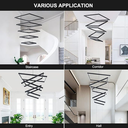 Square Led Chandelier Modern Hanging Light 5-Rings Contemporary Ceiling Pendant Light Dimmable Pendant Light for Living Room Kitchen Dining Room 15.7"+19.6"+23.6"+27.5"+31.4" Black 110V 180W
