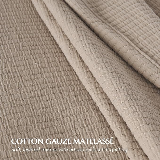 EVERGRACEHOME Cotton Gauze King Bedspread, Ultra Soft Prewashed Pick Stitch Matelassé Coverlet, Lightweight Textured Oversized King Quilt Bedding Set for All Season, with 2 Shams, Tan