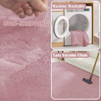 jinchan Solid Plush Round Rug 5ft Performance Shaggy Circle Rug 5' Round Washable Indoor Soft Modern Faux Wool Non Slip Carpet for Living Room Kids Room Bedroom Dining Room Pink