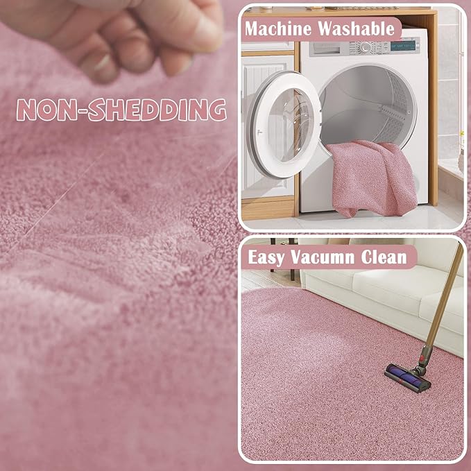 jinchan Solid Plush Round Rug 4ft Performance Shaggy Circle Rug 4' Round Washable Indoor Soft Modern Faux Wool Non Slip Carpet for Living Room Kids Room Bedroom Dining Room Pink