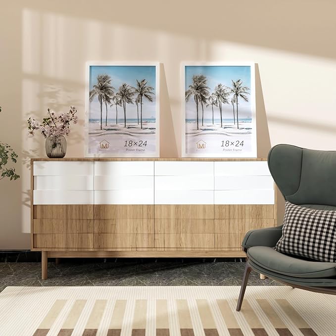 Muzilife 18×24" White Poster Frame 2 Pack, Engineered Wood Concert Poster Picture Frames with Plexiglass Cover and Hanging Hardware for Horizontal or Vertical