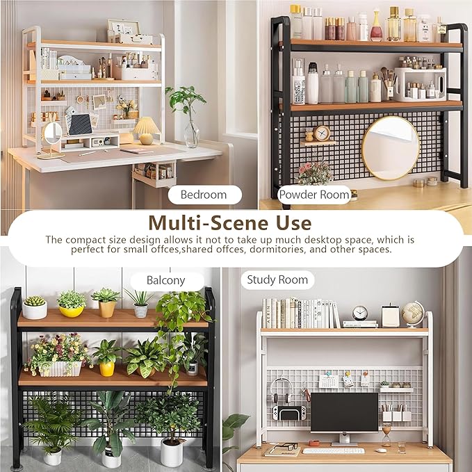 Desk Hutch Bookshelf, 2-Tier Desktop Storage Organizer Rack with Sturdy Metal Frame and Wood Board, 37.4″ Wide for Home Office or Dorm, Walnut