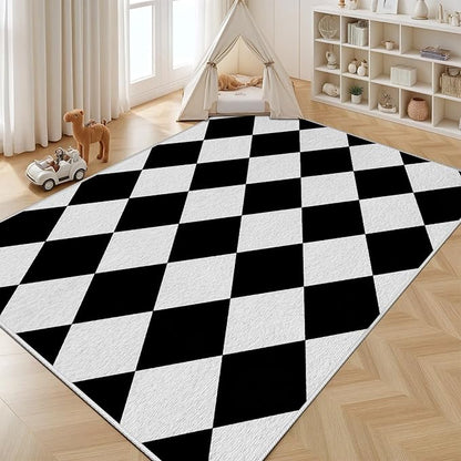 Checkered Rug, Black White Rug, Washable Rugs 8x10, Geometric Rhombus Plaid Area Rugs, Grid Gingham Carpet for Living Room Non Slip Home Decor